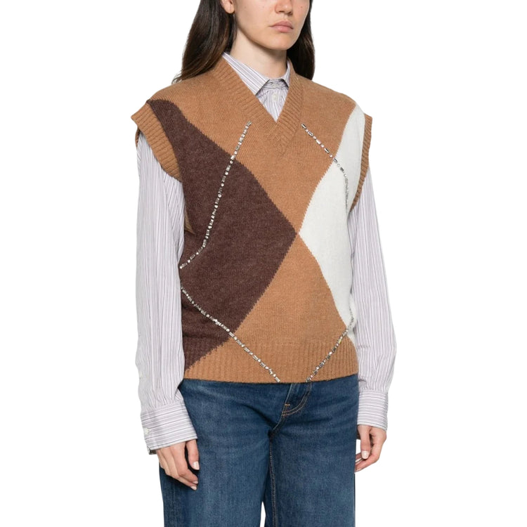 Gilet Argyle con ricami gioiello marrone modella frontale
