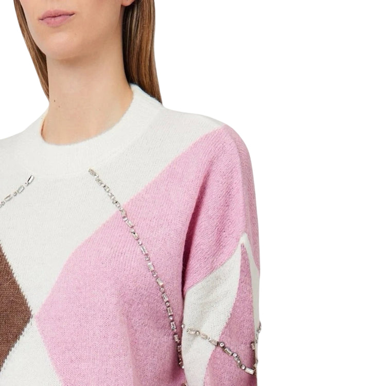 Maglione girocollo Donna a losanghe Rosa dettaglio