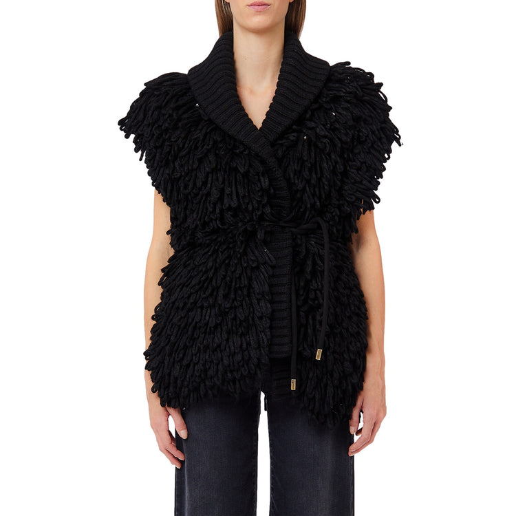 Cardigan Donna con laccio in vita Nero modella frontale