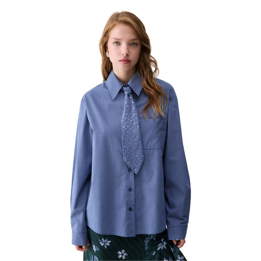 Camicia check Donna con cravatta modella frontale