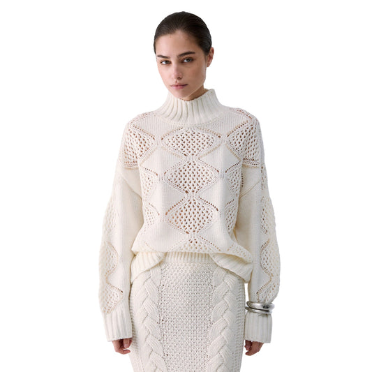 Maglione traforato Donna a collo alto Bianco, modella frontale