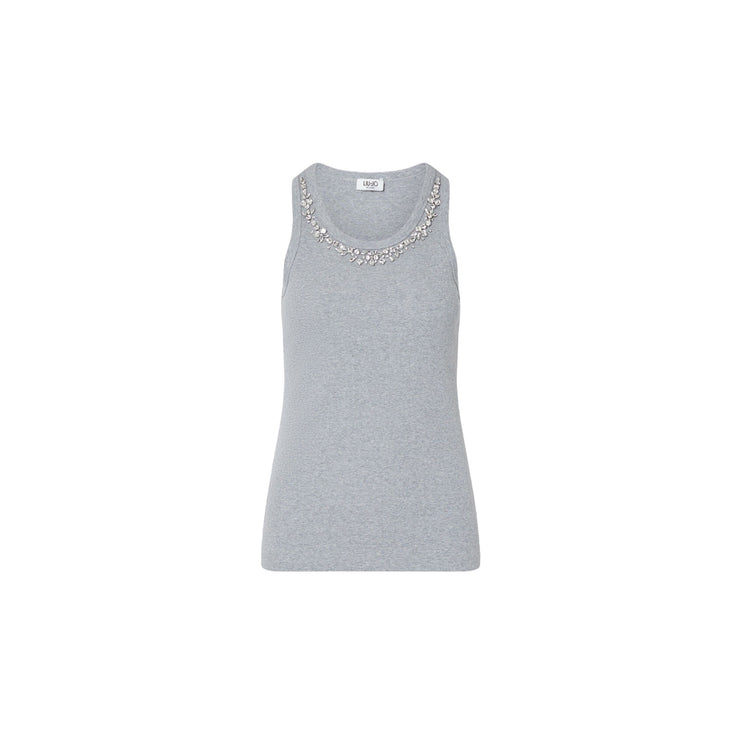 Top grigio Donna con gioielli su scollo