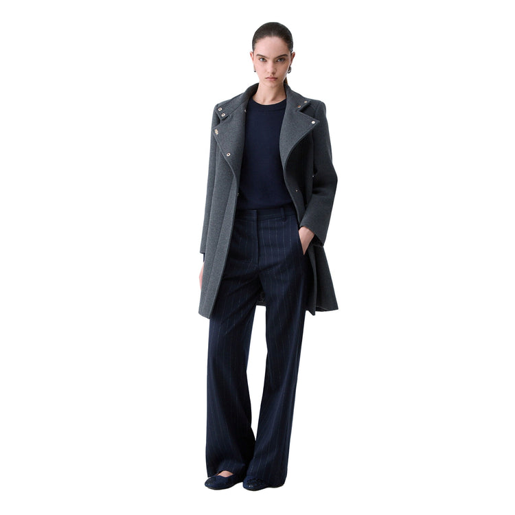 Cappotto midi Donna in panno grigio, modella intera frontale