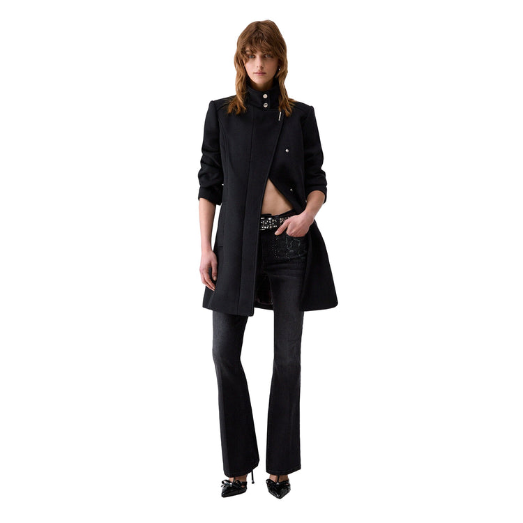 Cappotto midi Donna in panno nero, modella frontale intera