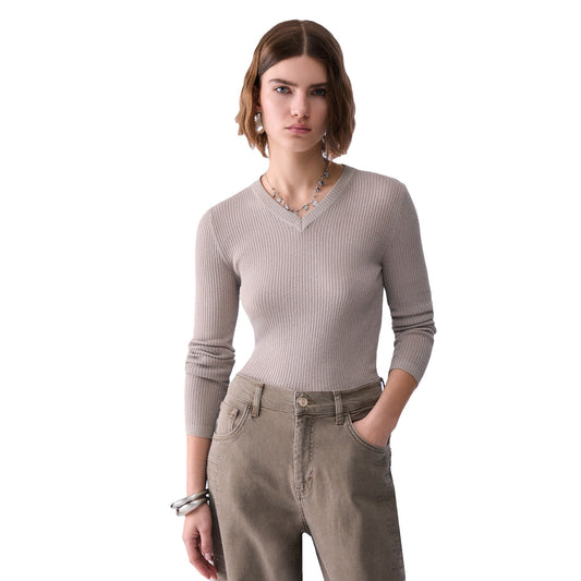Maglia Donna con interventi lurex beige modella frontale