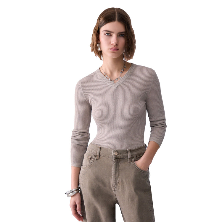 Maglia Donna con interventi lurex beige modella frontale