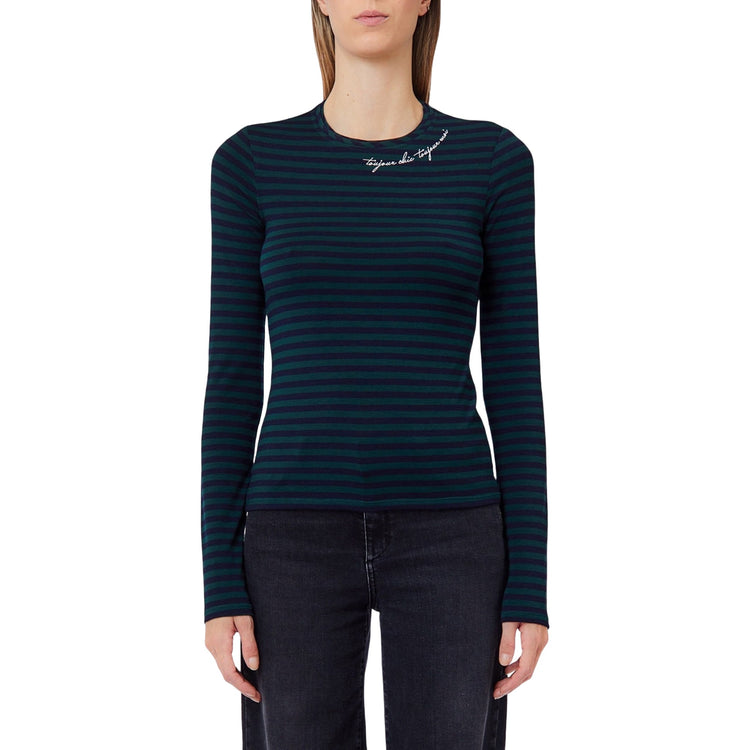 T-shirt Donna manica lunga a righe bicolor, modella frontale