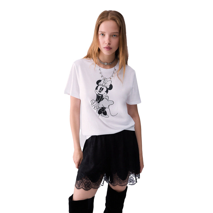 T-shirt bianca Donna con stampa Miss Mouse nera modella frontale