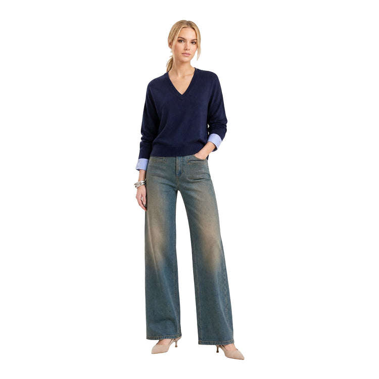 Maglia Donna Blu con polsi a camicia modella frontale intera