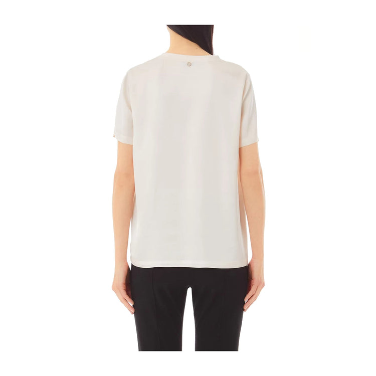 Blusa Donna in raso tinta unita beige chiaro modella retro