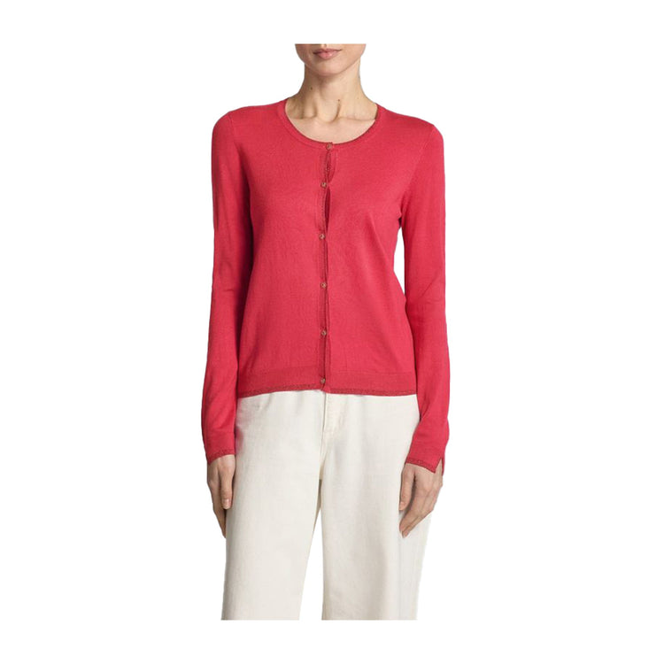 Cardigan Donna girocollo dettagli lurex modella frontale