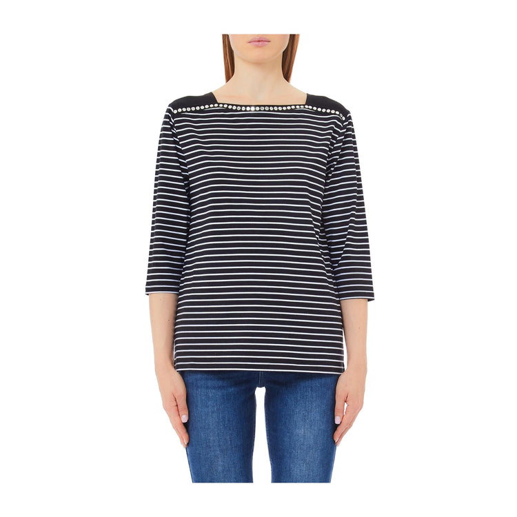 T-shirt Donna con motivo a righe e strass decorativi