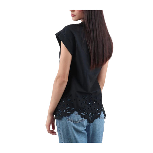 T-shirt Donna con ricamo e colletto a polo Nero modella retro