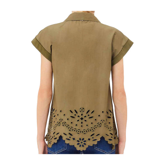 T-shirt Donna con ricamo e colletto a polo Verde modella retro