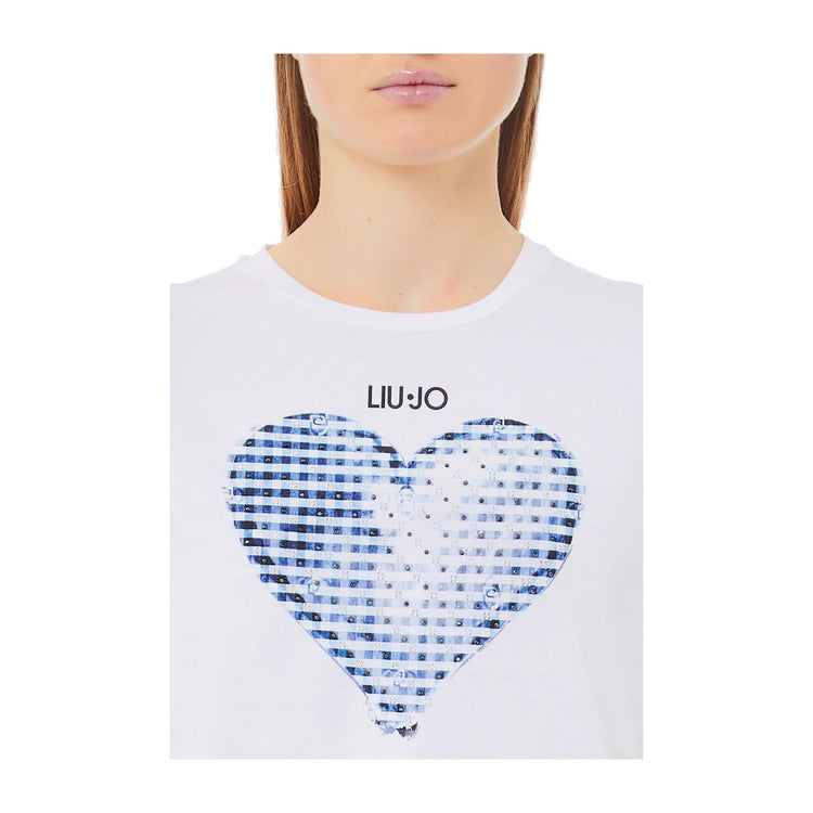T-shirt Donna bianca, con stampa a cuore blu e maniche corte