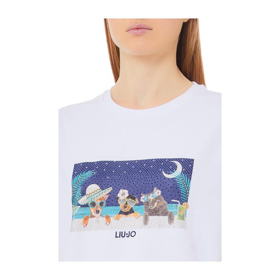 T-shirt Bianca da Donna con stampa e strass dettaglio stampa