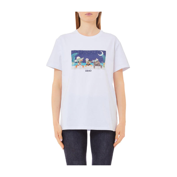 T-shirt Bianca da Donna con stampa e strass modella frontale