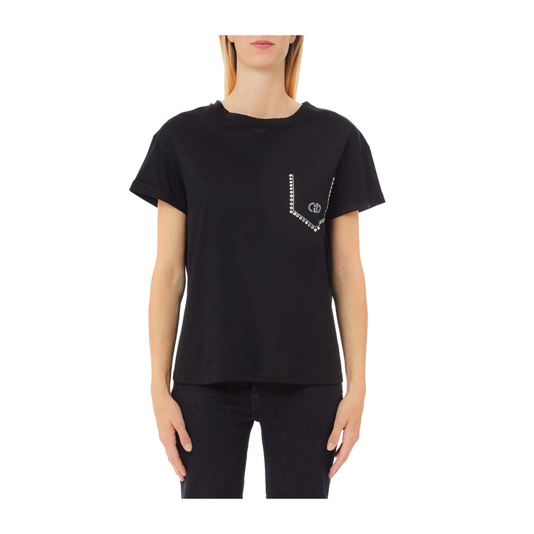 T-shirt Donna con finto taschino strass e scollatura girocollo