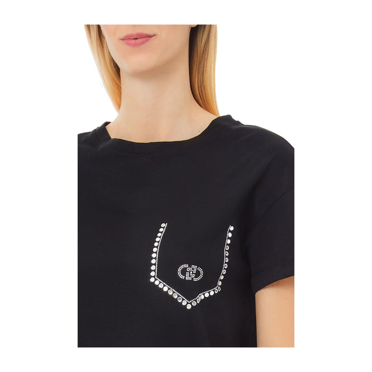 T-shirt Donna con finto taschino strass e scollatura girocollo
