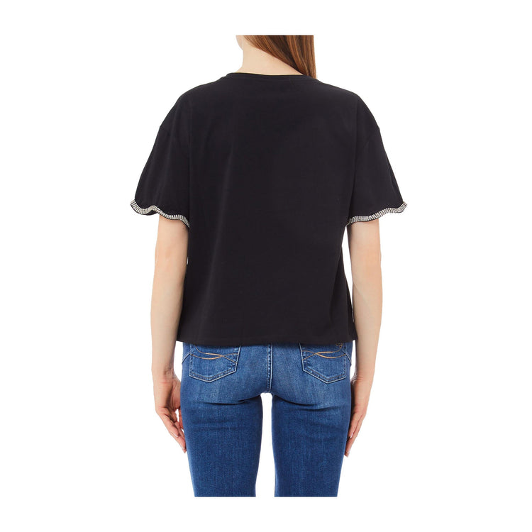 T-shirt Donna nera, con scollatura girocollo e strass sul fondo manica