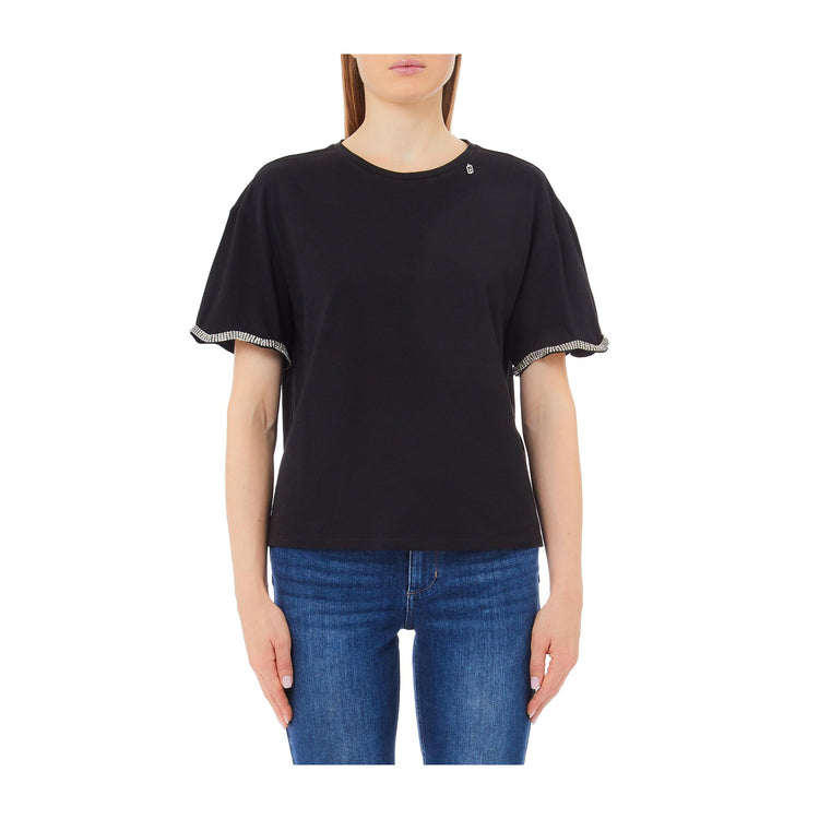 T-shirt Donna nera, con scollatura girocollo e strass sul fondo manica