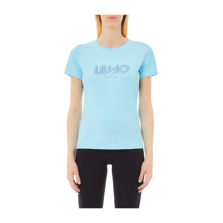 T-shirt Donna slim con logo strass Azzurro modella frontale