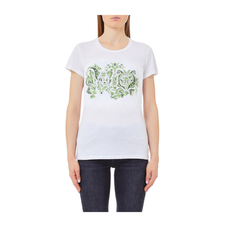 T-shirt Donna a tinta unita, con maxi stampa logo verde a contrasto