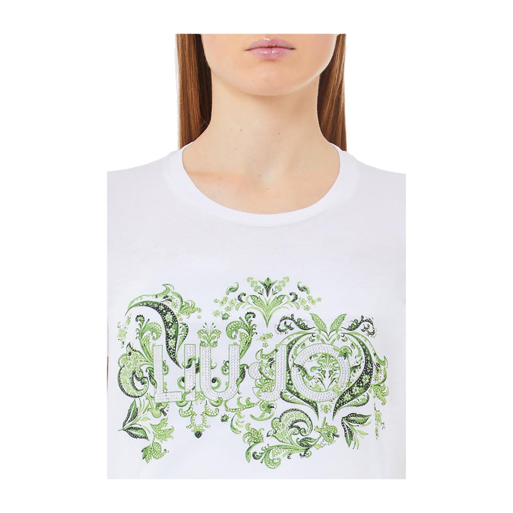 T-shirt Donna a tinta unita, con maxi stampa logo verde a contrasto