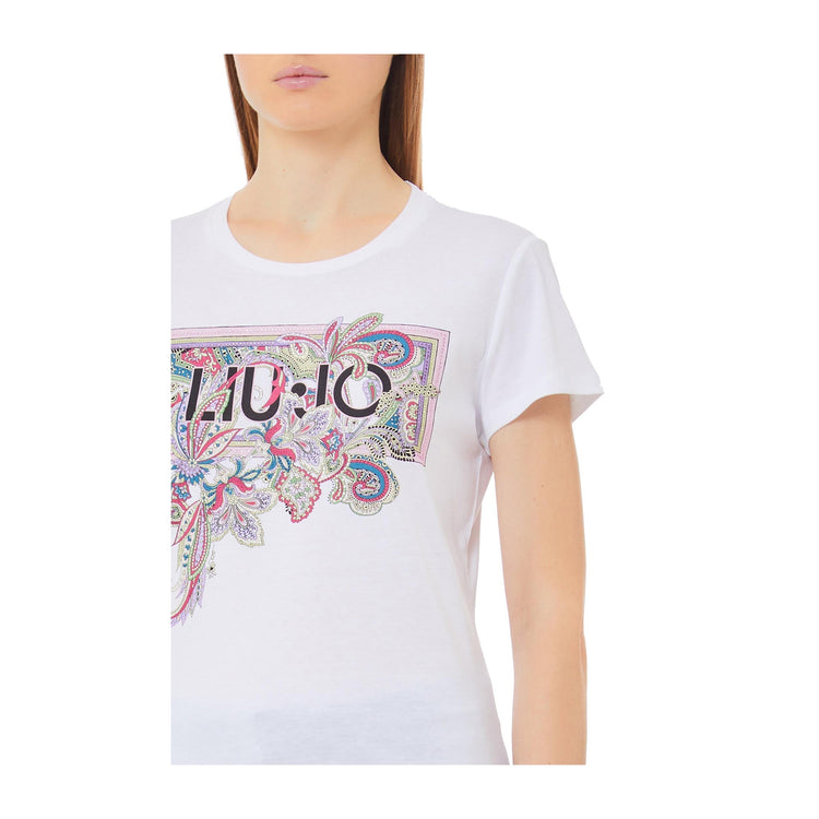T-shirt Donna a tinta unita, con logo multicolore e girocolllo