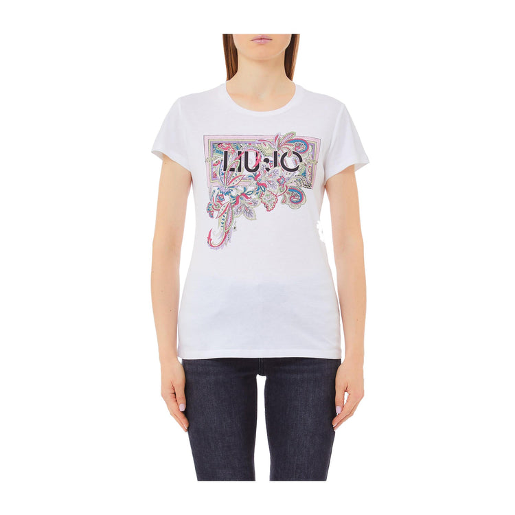 T-shirt Donna a tinta unita, con logo multicolore e girocolllo
