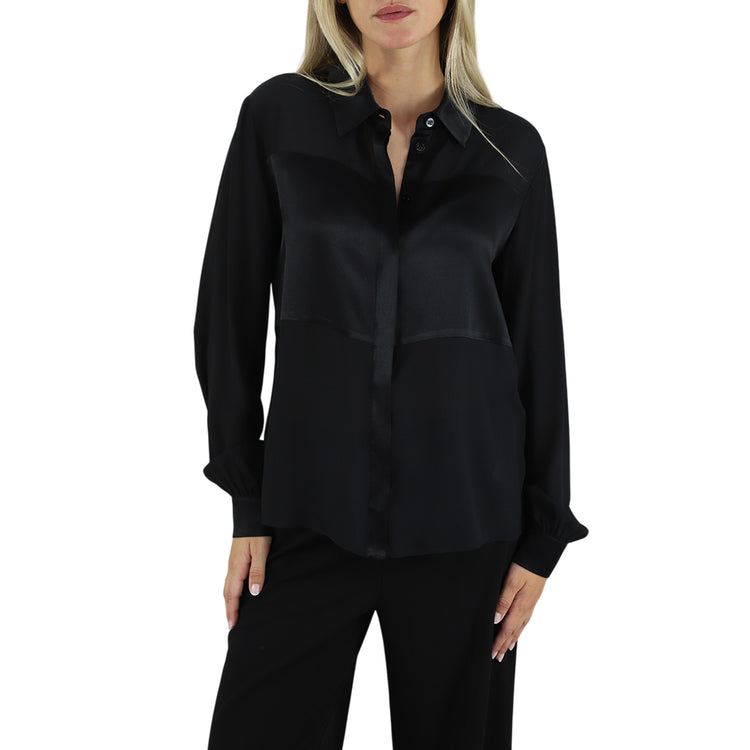 Camicia Donna in crêpe de chine Nero modella frontale
