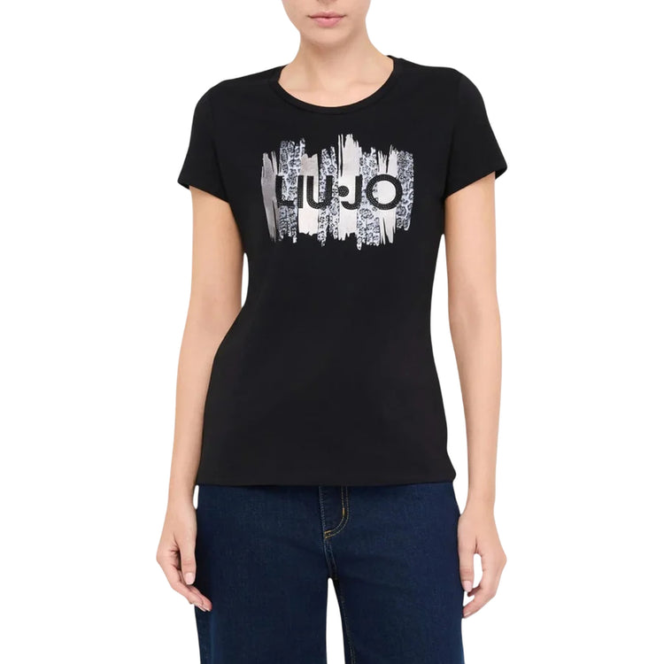 T-shirt Donna in nero con stampa e logo modella frontale