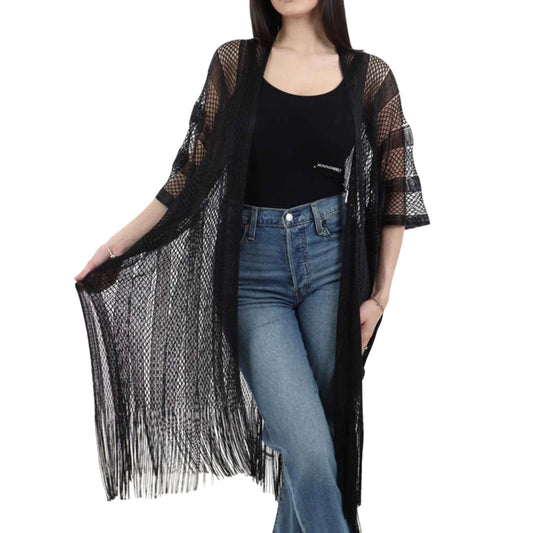 Stola poncho donna in rete lurex nero modella frontale