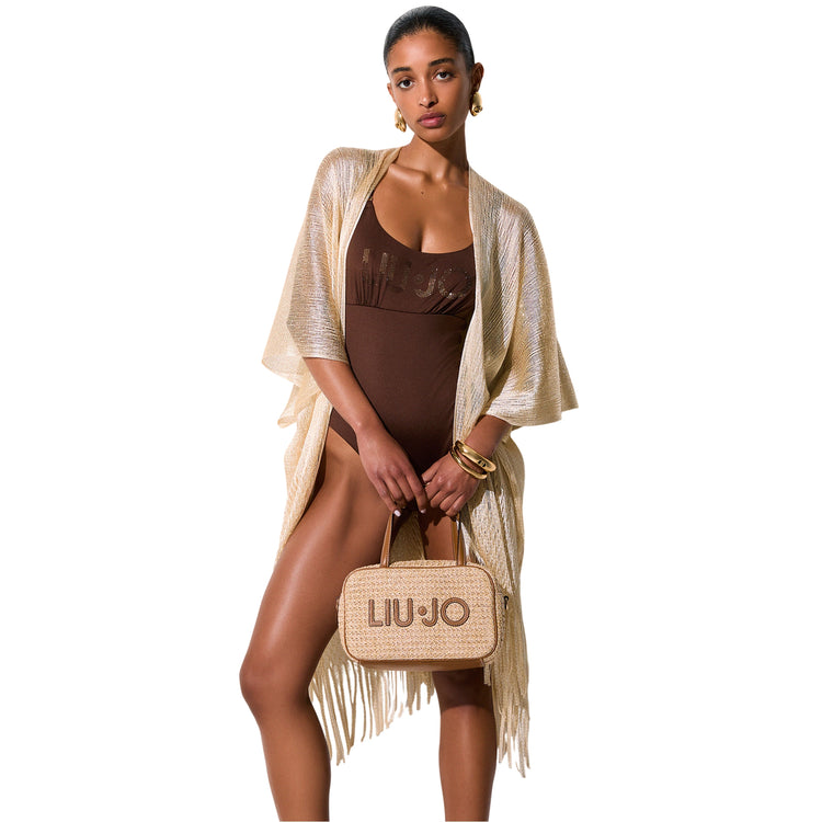 LIU JO Poncho in rete con frange in beige