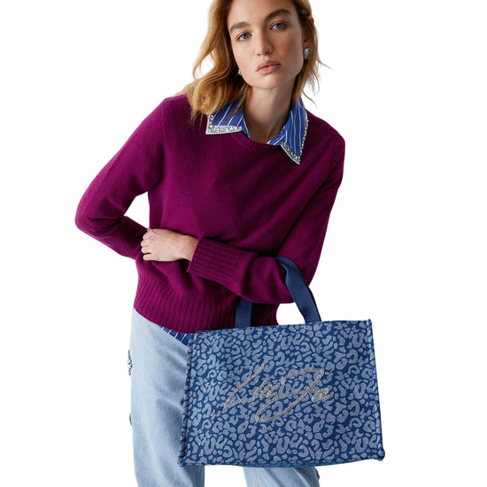 Borsa Donna a mano, in denim, con logo strass