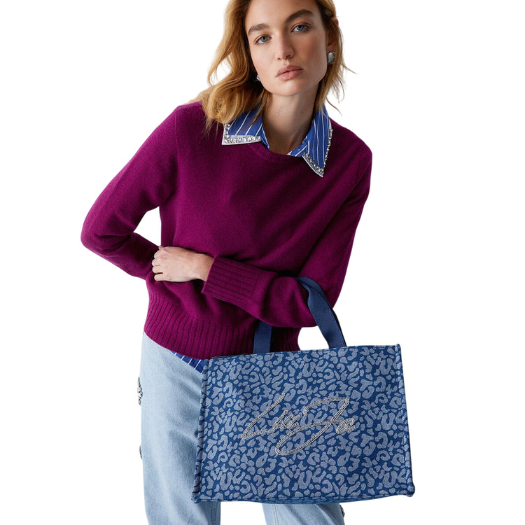 Borsa Donna a mano, in denim, con logo strass
