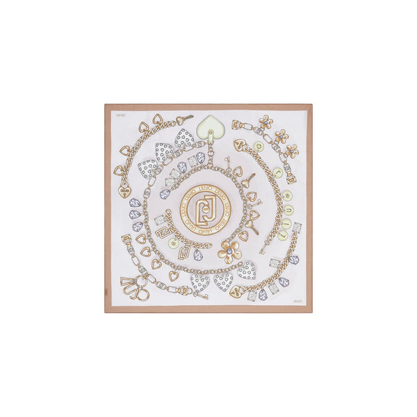 Foulard quadrato beige stampe gioielli 