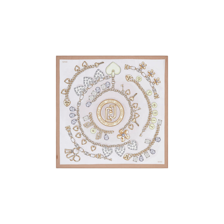 Foulard quadrato beige stampe gioielli 