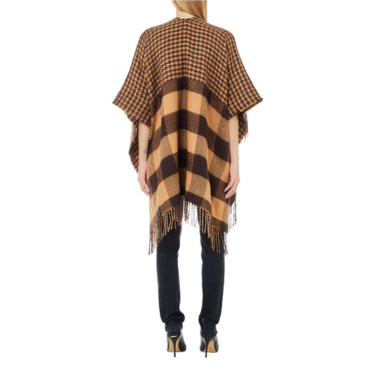 Poncho Donna con frange Marrone modella retro