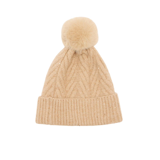 Berretto Donna in lana con pompon Beige retro