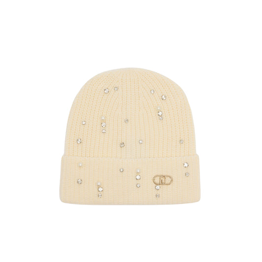 Berretto Donna con strass e perle Bianco