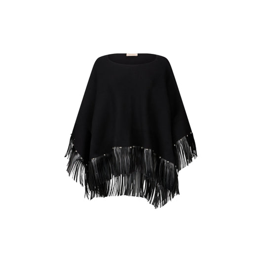 Poncho Donna Nero con frange e borchie