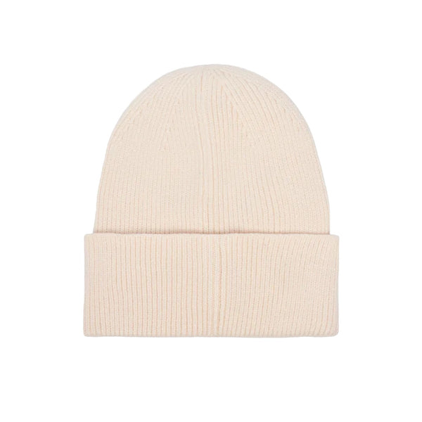 Cappello Donna in maglia con risvolto e logo, color burro, retro