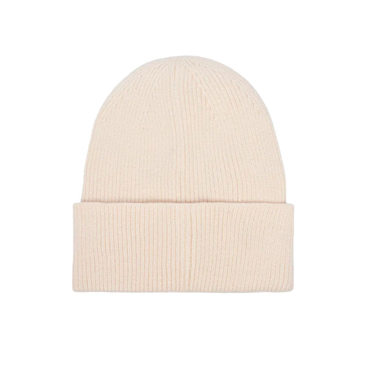 Cappello Donna in maglia con risvolto e logo, color burro, retro