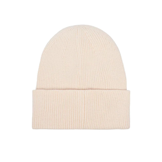 Cappello Donna in maglia con risvolto e logo, color burro, retro