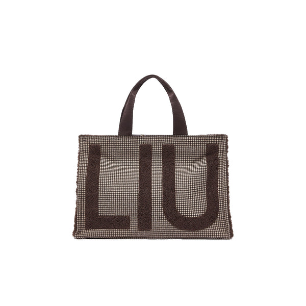 Borsa Tote grande Donna tessuto check marrone, con logo