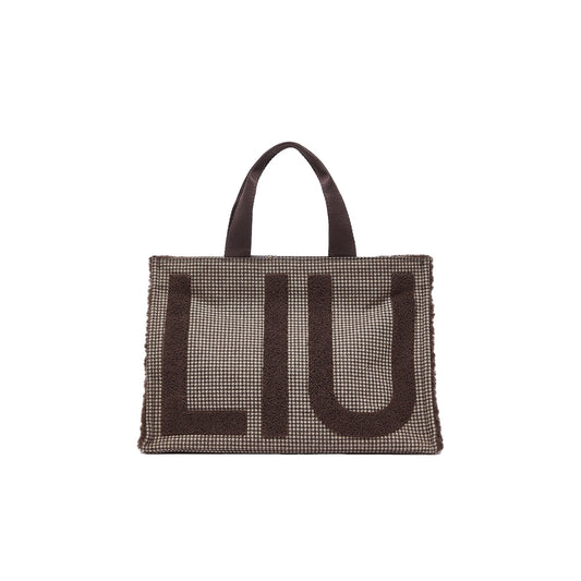 Borsa Tote grande Donna tessuto check marrone, con logo