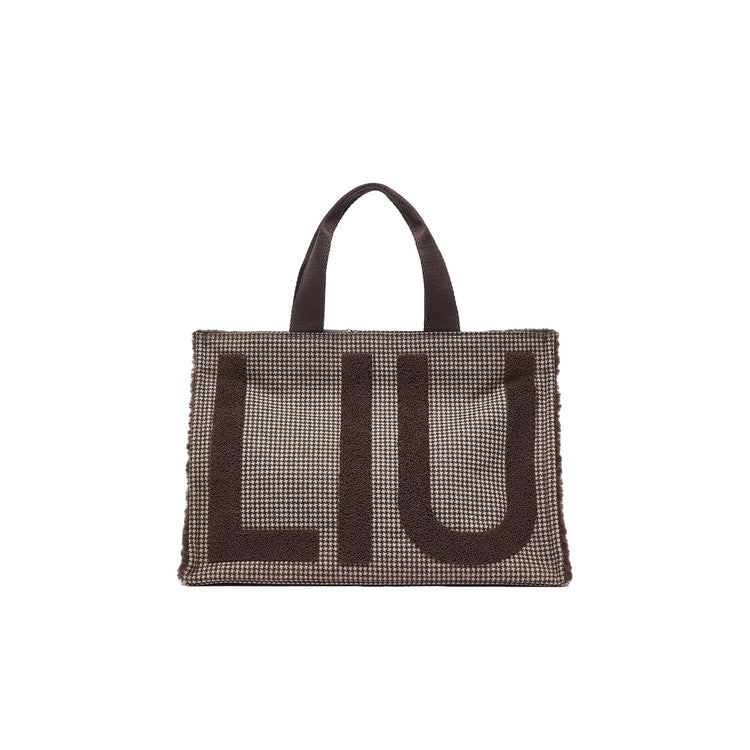 Borsa Tote grande Donna tessuto check marrone, con logo