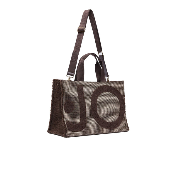 Borsa Tote grande Donna tessuto check marrone, con logo
