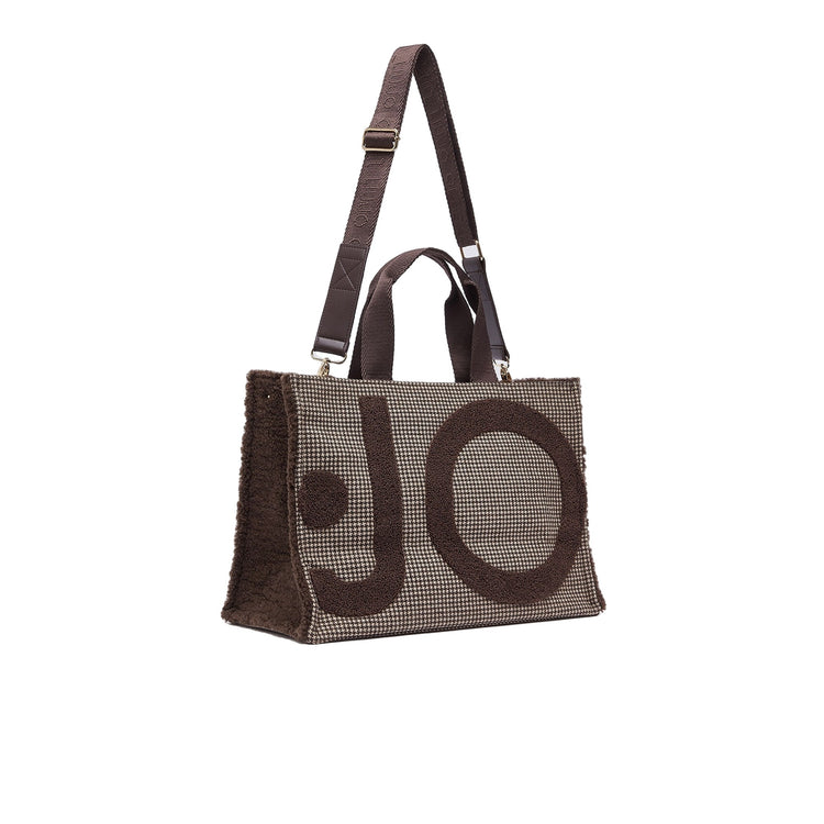 Borsa Tote grande Donna tessuto check marrone, con logo